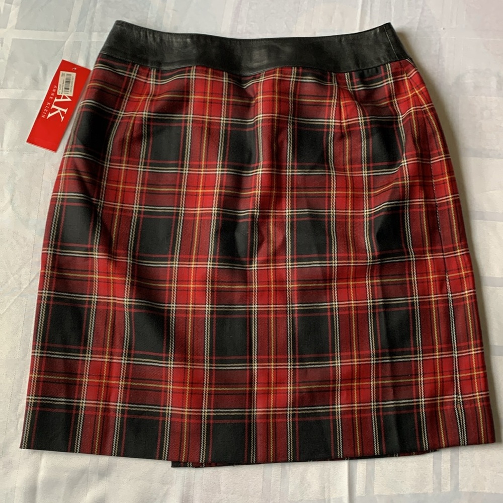💋NWT 🔥Anne Klein Tartan Pleated Wool Skirt w/Leather Waist 6
